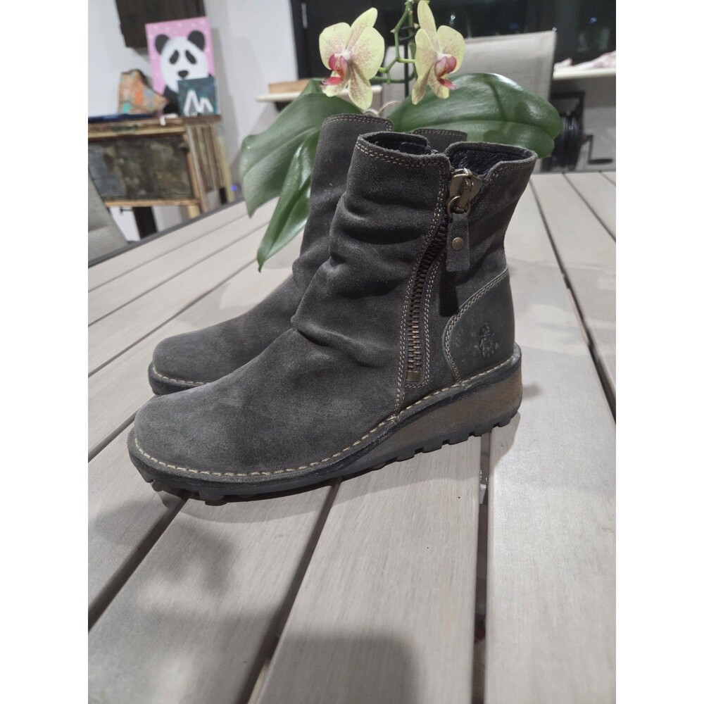 FLY LONDON Women's MONG 008 Low Wedge Ankle Boots, Diesel Suede/Rug, SZ EU37 BXD